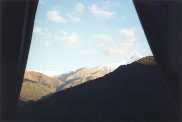 Morning view of Machhapuchre from tent, Ghalegaon Danda [22/10/99]